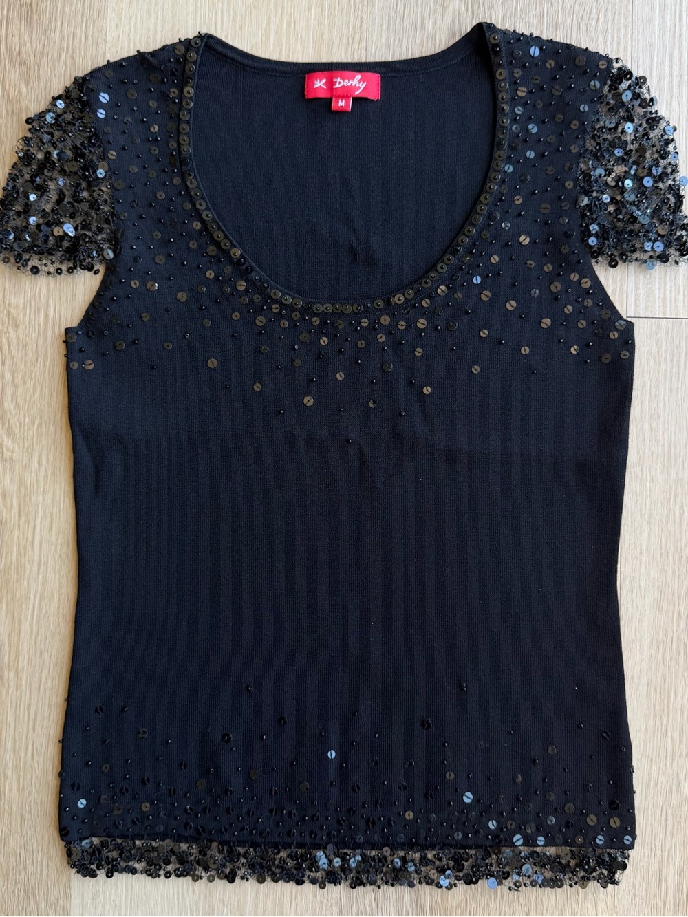 Derhy Black Solid Knit Scoop Neck Sequin Beaded Top M